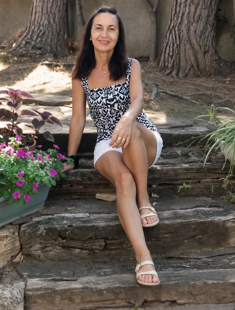 Marta Núñez Ch., hipnoterapeuta, sentada en un jardín